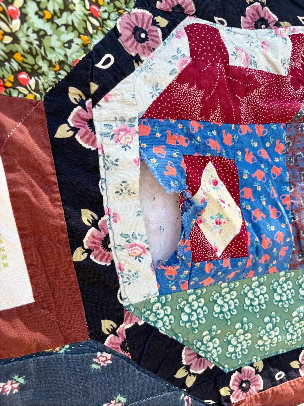 Vintage Snowball Block House Quilt 80x80 Handmade Cutter Quilt with Cross Stitch